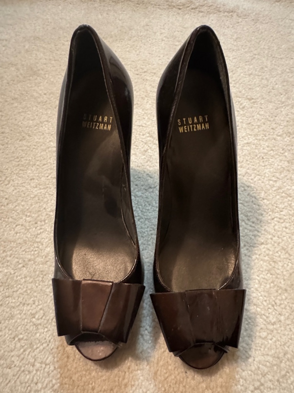 Stuart Weitzman Dark Brown Patent Peep-Toe Pumps with Bow